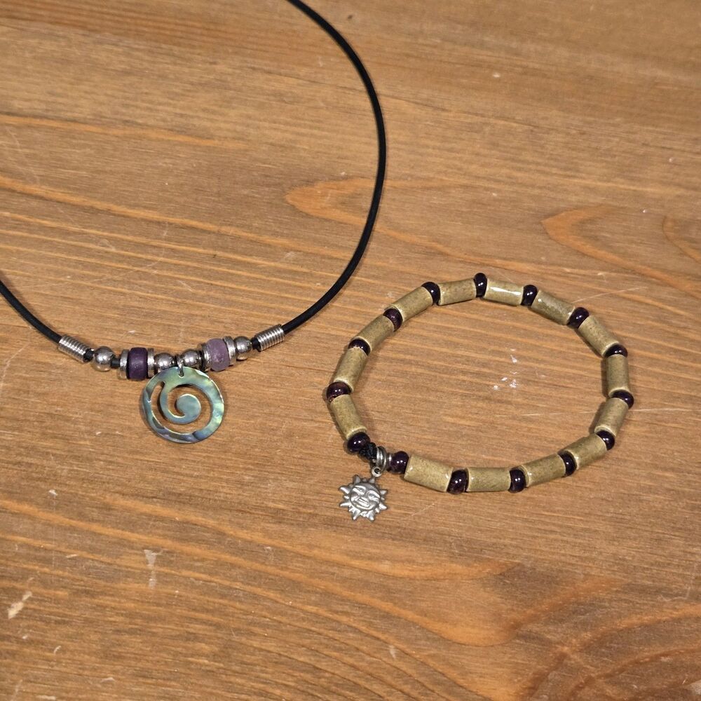 Spiral Pendant Beaded Cord Necklace & Beaded Bracelet With Charm